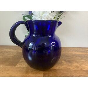 Vintage Cobalt Blue Glass Pitcher Art Glass Jug Hand Blown Rustic Farmhouse